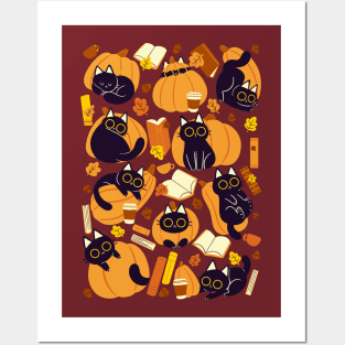 Cats, Pumpkins and Books Posters and Art